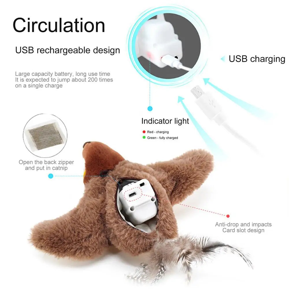 Bird Cat Toy Flapping Plush Toys Simulation Bird Toy Sparrow USB Rechargeable Vivid Chirping Kitten Toys Interactive Cat Toys