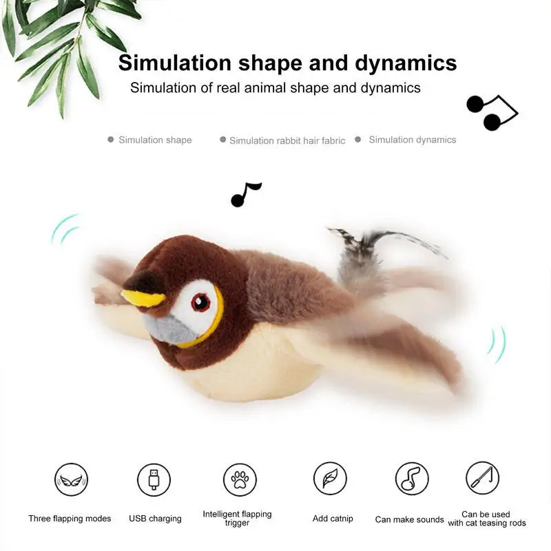 Bird Cat Toy Flapping Plush Toys Simulation Bird Toy Sparrow USB Rechargeable Vivid Chirping Kitten Toys Interactive Cat Toys