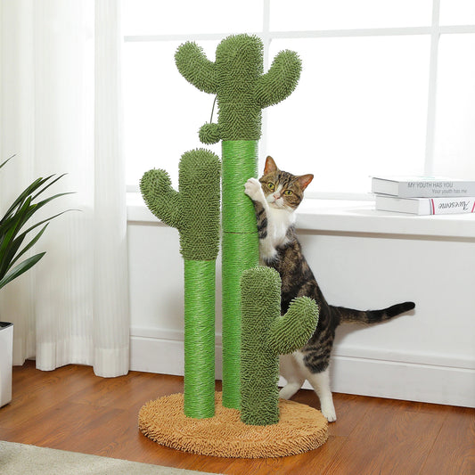 Large Cat Scratching Post for Indoor Cats Cactus Cat Scratcher with 3 Natural Sisal Scratching Poles and Dangling Ball Cat Toys